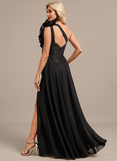 Sheath/Column One Shoulder Floor-Length Lace Chiffon Evening Dress With Overskirt 3D Floral Sequins Pleated 