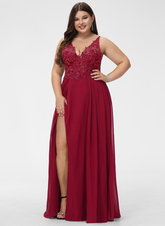 A-Linien-Kleid V-Ausschnitt Bodenlang Spitze Chiffon Ballkleid mit Pailletten 