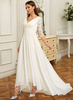 A-line kjole V-hals Asymmetrisk Blonder Chiffon Brudekjole 