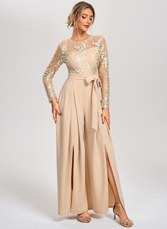 Jumpsuits Illusion Floor-Length Tulle Stretch Crepe Cocktail Dress With Embroidered 