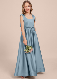 A-line Square Floor-Length Matte Satin Junior Bridesmaid Dress 