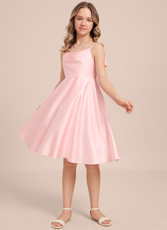 A-line Cowl Knee-Length Satin Junior Bridesmaid Dress With Bow 