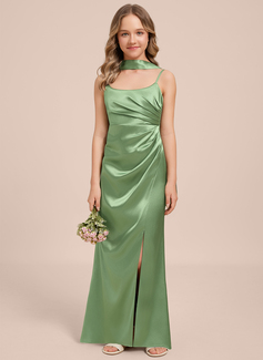Sheath/Column Scoop Floor-Length Stretch Satin Junior Bridesmaid Dress 