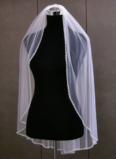 Beading Cut Edge Single Tier Tulle Bridal Fingertip Length Wedding Veils 