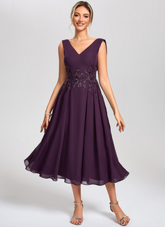 A-line V-Neck Tea-Length Chiffon Lace Cocktail Dress With Sequins 