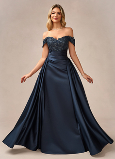 Sheath/Column Off the Shoulder Detachable Floor-Length Satin Lace Evening Dress With Overskirt Sequins Pleated 