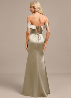 Sheath/Column Off the Shoulder Detachable Floor-Length Satin Evening Dress With Beading Overskirt 3D Floral Sequins Appliques Lace 