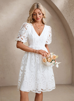 A-line V-Neck Knee-Length Lace Wedding Dress 