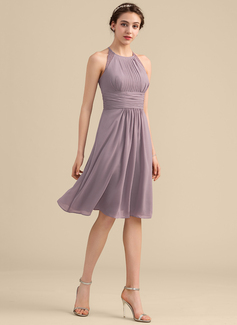 A-formet Scoop Hals Knelengde Chiffong Blonder Brudepikekjole med Frynse 