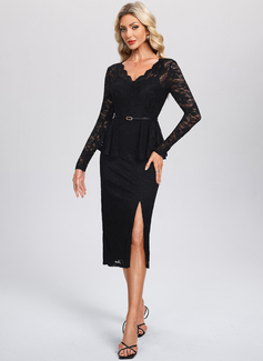 V-Neck Long Sleeve Sheath/Column Lace Midi Dress 