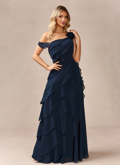 A-line One Shoulder Floor-Length Chiffon Evening Dress With Cascading Ruffles Flower 