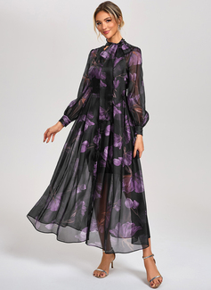 A-line V-Neck Ankle-Length Chiffon Jersey Cocktail Dress With Floral Print 