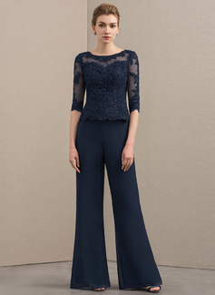 Buksedresser Separerer Scoop Illusjon Gulvlengde Chiffon Blonder Kjole til brudens mor med Profilering 