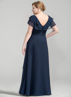 A-line V-Neck Floor-Length Chiffon Mother of the Bride Dress With Cascading Ruffles Crystal Brooch 
