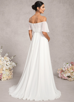 A-line Off the Shoulder Sweep Train Chiffon Maternity Dresses With Cascading Ruffles 