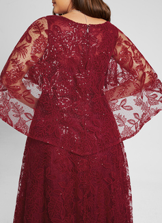 A-Linien-Kleid Rundhals Bodenlang Pailletten Spitze Abendkleid mit Cape-Ärmel 