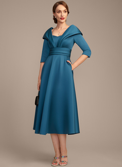 A-line Sweetheart Collared Tea-Length Satin Mother of the Bride Dress With Pleated 