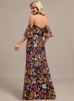 Sheath/Column Off the Shoulder Floor-Length Lace Floral Sequin Evening Dress With Bow 