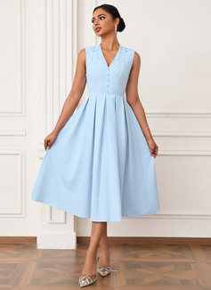 V-Neck Sleeveless A-line Stretch Satin Midi Dress 