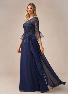 A-line One Shoulder Floor-Length Chiffon Lace Evening Dress With Sequins 