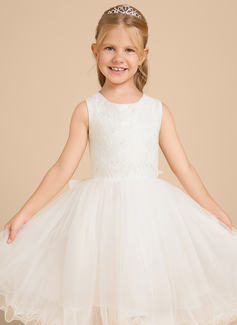 Prinzessin Rundhals Knielang Spitze Satin Tüll Blumenmädchenkleid mit Schleife 