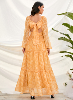 Firkantet utringning Lange ermer Elegant A-line kjole Chiffong Midi Motekjoler 