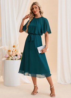 Scoop Short Sleeve A-line Chiffon Midi Dress 