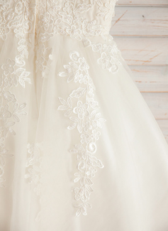 A-Linien-Kleid Rundhals Knielang Spitze Satin Tüll Futter aus 100% Baumwolle Blumenmädchenkleid 