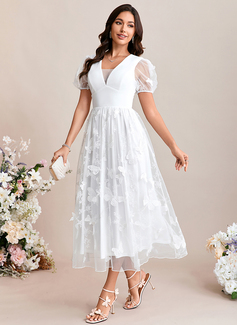 Embroidered V-Neck Short Sleeve A-line Lace Midi Dress 