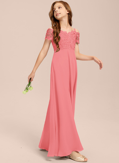 A-line kjole Kald skulder Gulvlengde Chiffon Blonder Brudepikekjole ungdom 