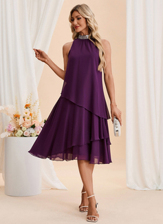 Cascading Ruffles Sequins High Neck Sleeveless A-line Chiffon Midi Dress 