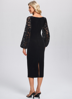 Square Long Sleeve Sheath/Column Lace Velvet Midi Dress 