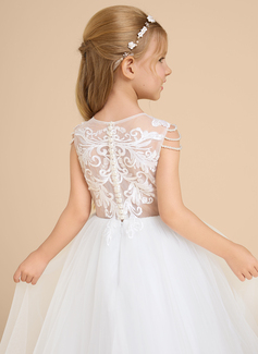 Prinzessin Rundhals Bodenlang Spitze Satin Tüll Blumenmädchenkleid mit Perlen 