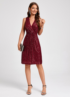 A-line V-Neck Knee-Length Sequin Cocktail Dress With Sequins 