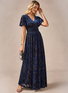 A-line V-Neck Floor-Length Velvet Evening Dress 