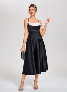 A-line Square Tea-Length Satin Cocktail Dress With Pleated 3D Floral 