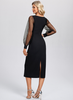 Sheath/Column V-Neck Tea-Length Stretch Crepe Tulle Cocktail Dress 