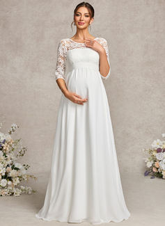 A-line Scoop Illusion Floor-Length Lace Chiffon Maternity Dresses With Bow 