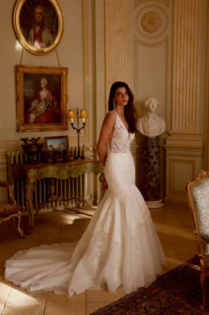 Trumpet/Mermaid V-Neck Court Train Organza Satin Lace Wedding Dress With Sequins 