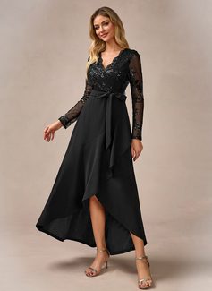 Sequins V-Neck Long Sleeve A-line Stretch Crepe Sequin Asymmetrical Maxi Dress 