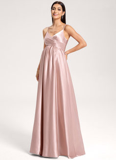 A-line V-Neck Floor-Length Stretch Satin Maternity Dresses With Pleated 