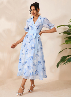 Floral Print Collared Short Sleeve A-line Printed Fabric Midi Dress 