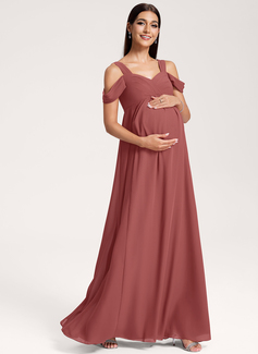 A-line Cold Shoulder V-Neck Floor-Length Chiffon Maternity Dresses With Pleated 