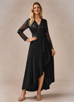 Sequins V-Neck Long Sleeve A-line Stretch Crepe Sequin Asymmetrical Maxi Dress 