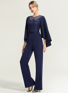 Jumpsuit / Pantsuit Scoop Illusjon Gulvlengde Blonder Strekk-crêpe Festkjole med paljetter Sløyfe (r) 