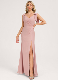 A-line V-Neck Knee-Length Floor-Length Chiffon Bridesmaid Dress With Bow 
