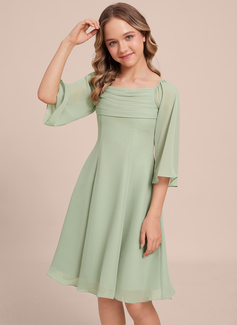 A-Linien-Kleid Karree Knielang Chiffon Kleider für junge Brautjungfern 