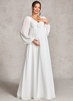 A-line V-Neck Floor-Length Chiffon Maternity Dresses With Pleated 3D Floral 