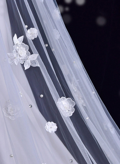 Floral Cut Edge Single Tier Tulle Bridal Cathedral Length Wedding Veils 