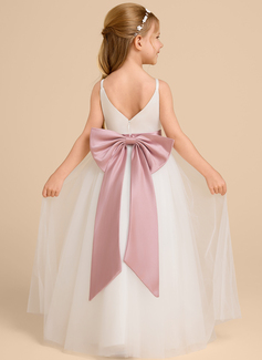 A-line kjole V-hals Gulvlengde Tyll Sateng Brudepikekjole barn med Bånd 